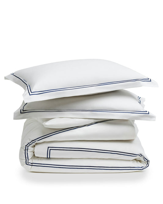 Luxe Premium Percale Duvet Set in White with Navy Piping