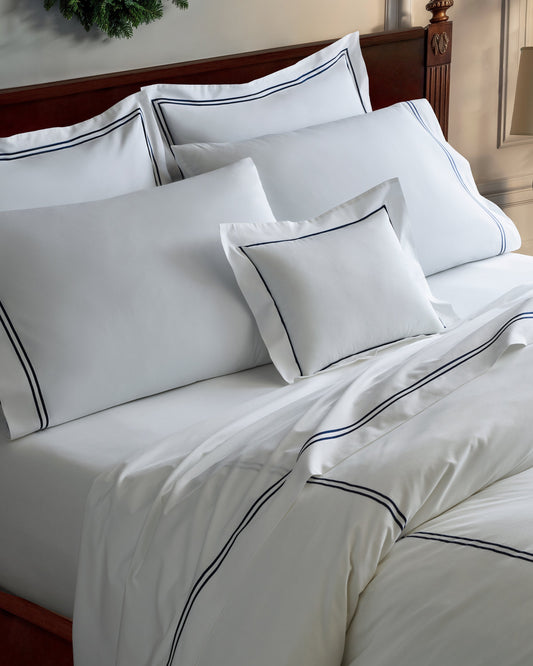 Luxe Premium Percale Duvet Set in White with Navy Piping
